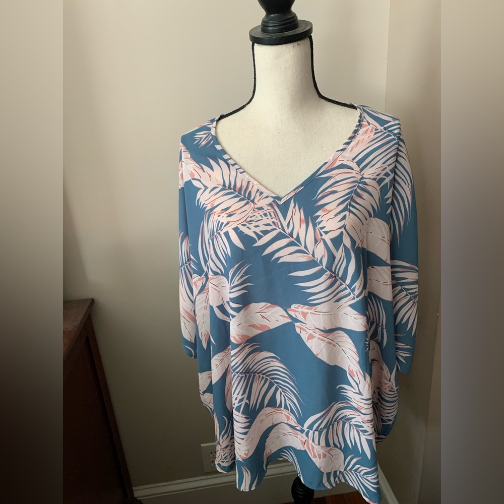 Adrienne Blue and Pink Leaf Print Blouse